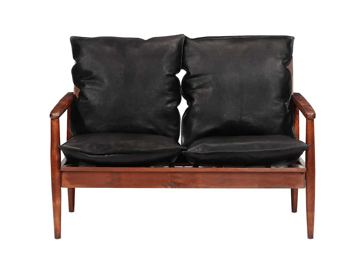 Zwarte 2-zitsbank in echt leer en massief acaciahout