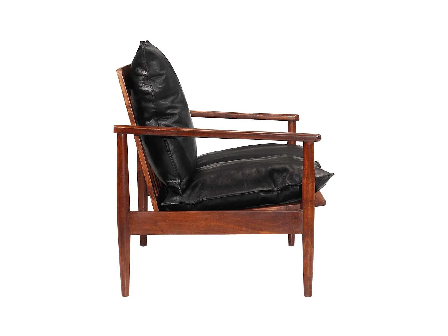 Zwarte 2-zitsbank in echt leer en massief acaciahout