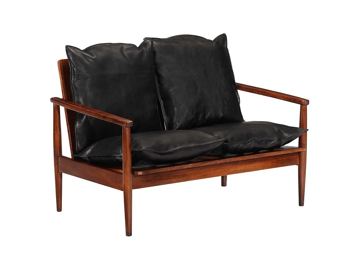 Zwarte 2-zitsbank in echt leer en massief acaciahout