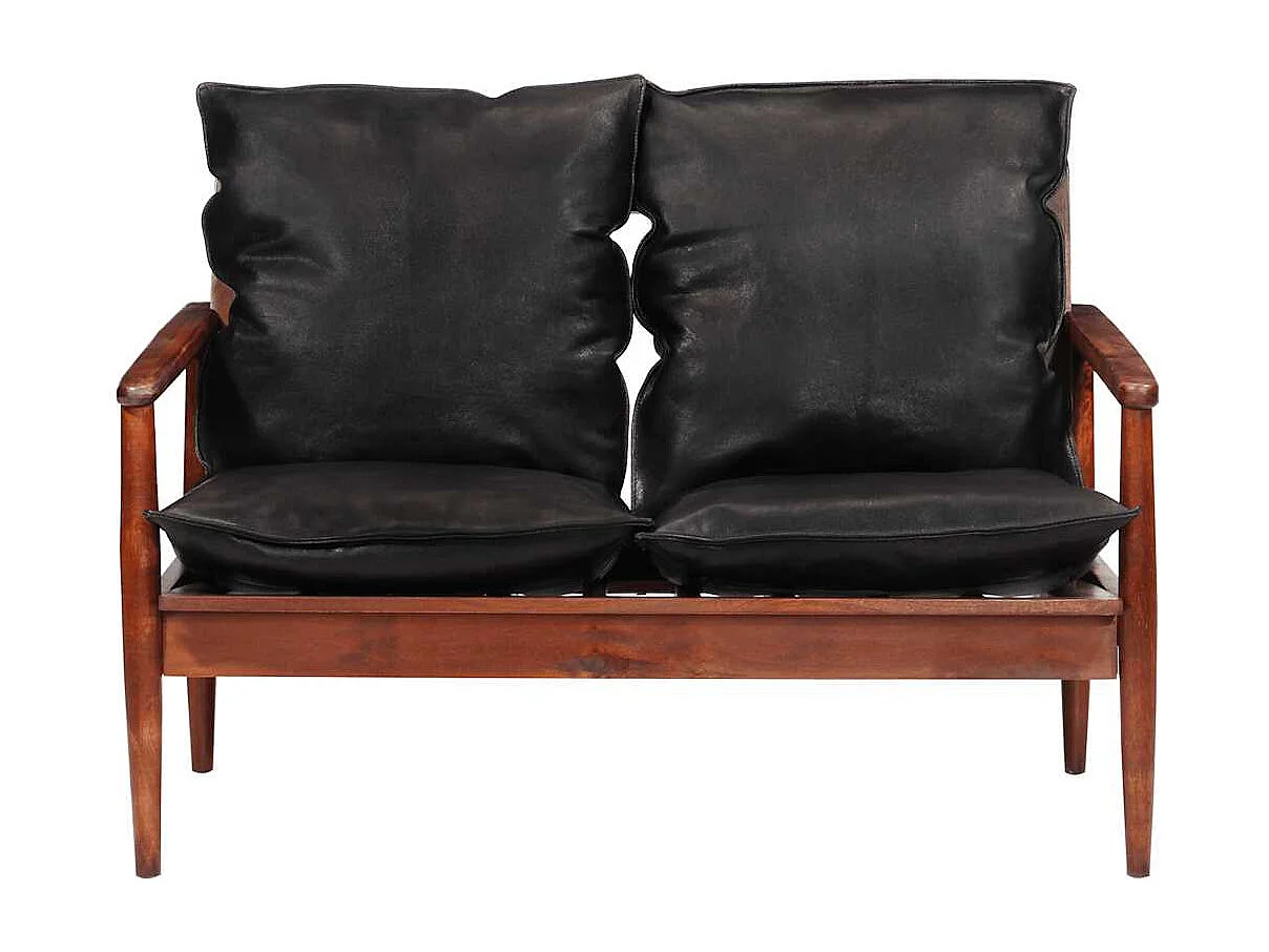 Sofá negro de 2 plazas en piel auténtica y madera maciza de acacia.