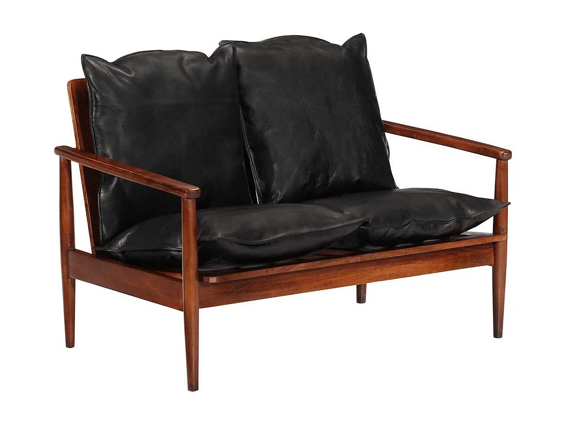 Sofá negro de 2 plazas en piel auténtica y madera maciza de acacia.