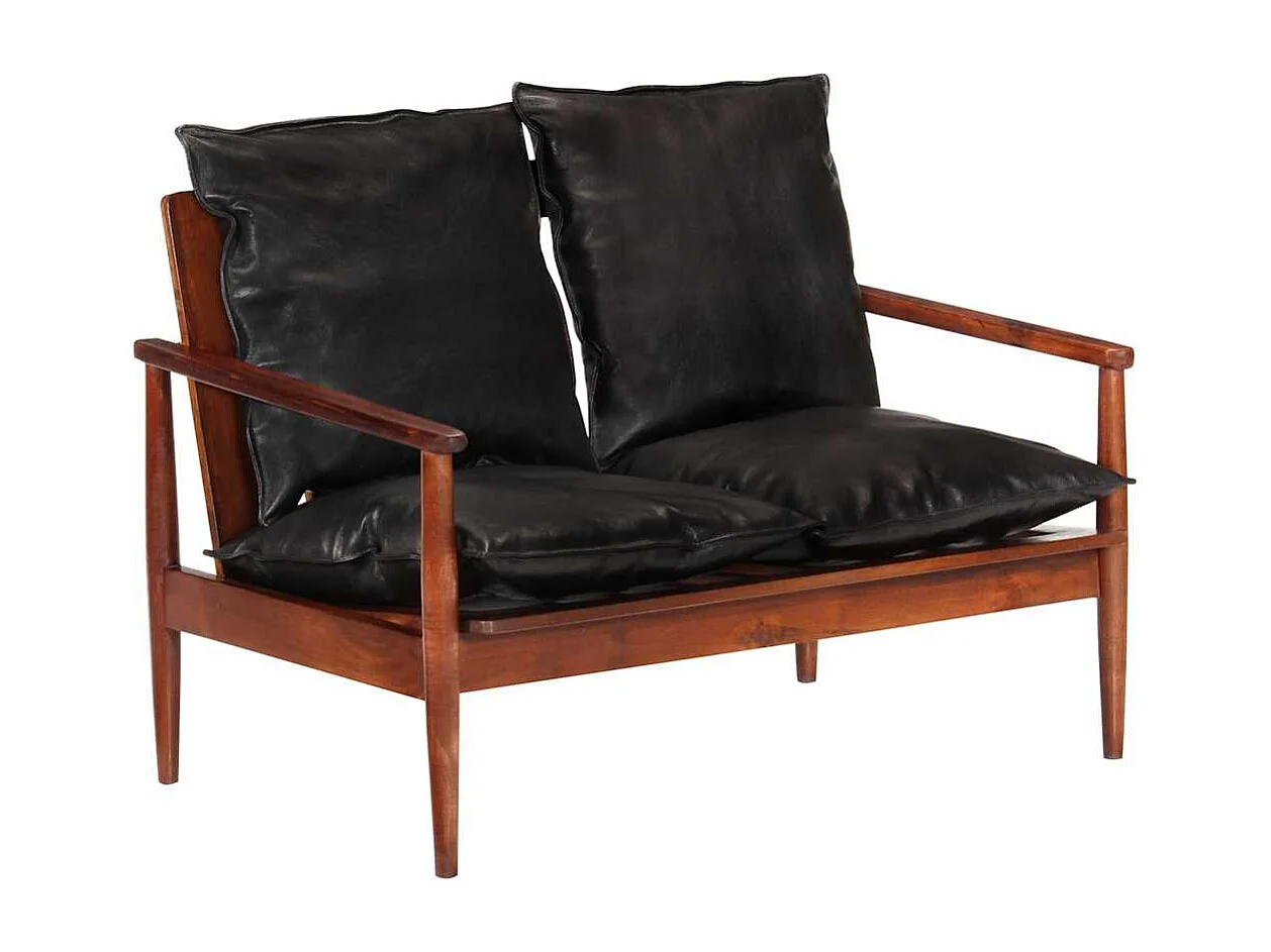 Sofá negro de 2 plazas en piel auténtica y madera maciza de acacia.