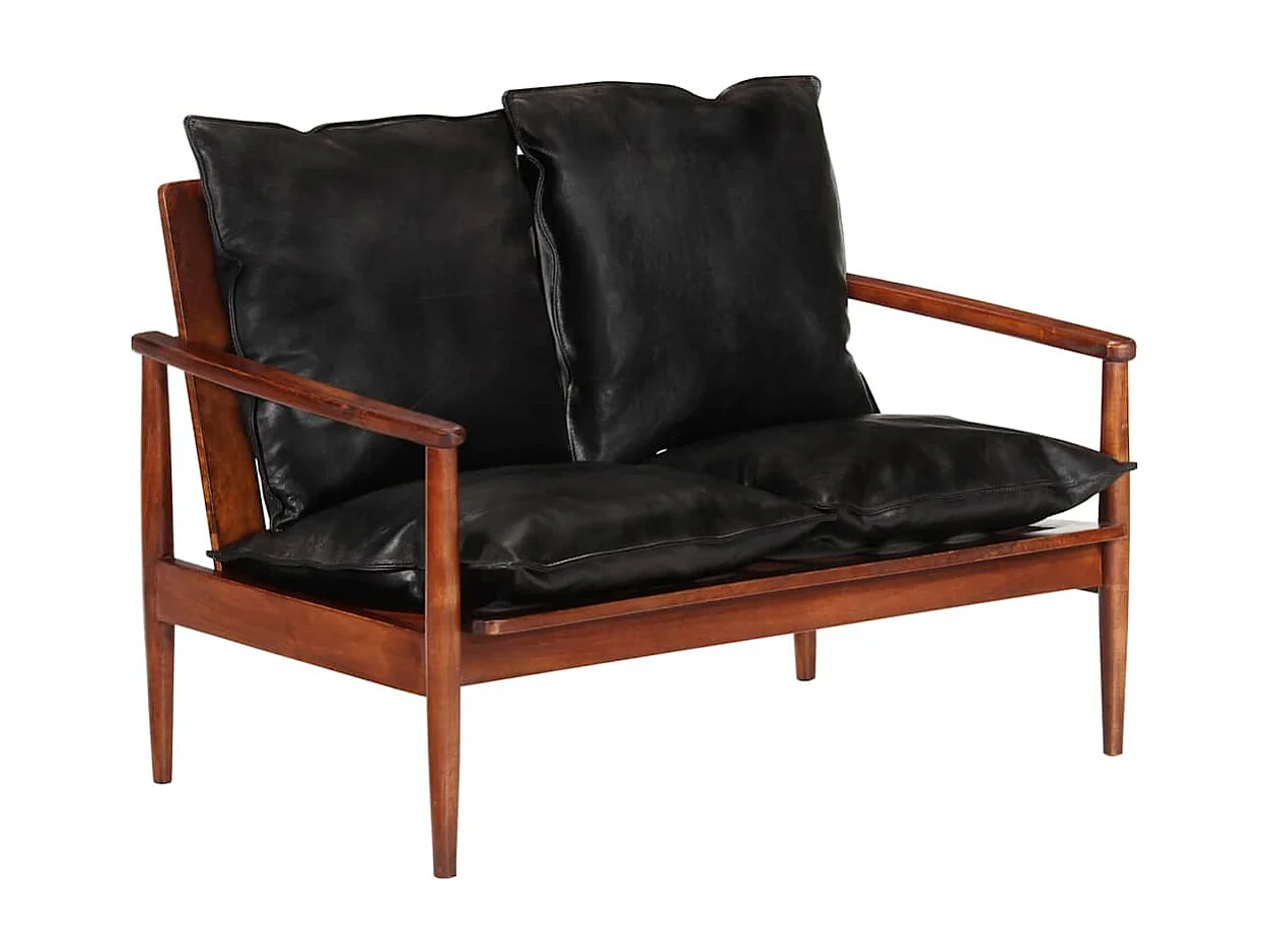 Sofá negro de 2 plazas en piel auténtica y madera maciza de acacia.