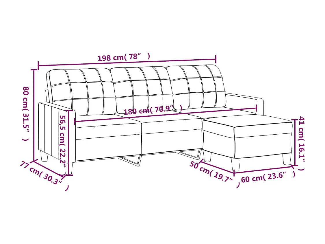 Canapé à 3 places avec repose-pieds Cappuccino 180cm Similicuir