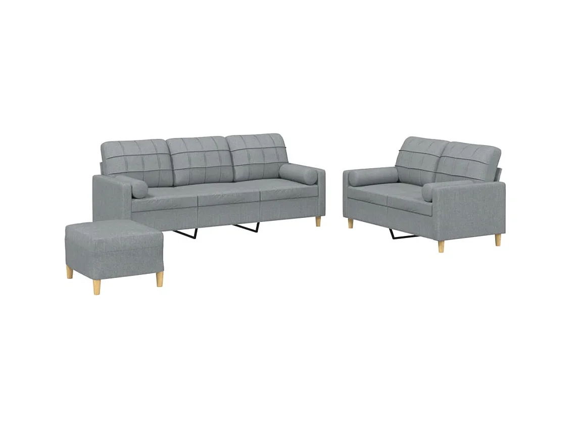 Set di divani 3 pezzi con cuscini in tessuto grigio chiaro