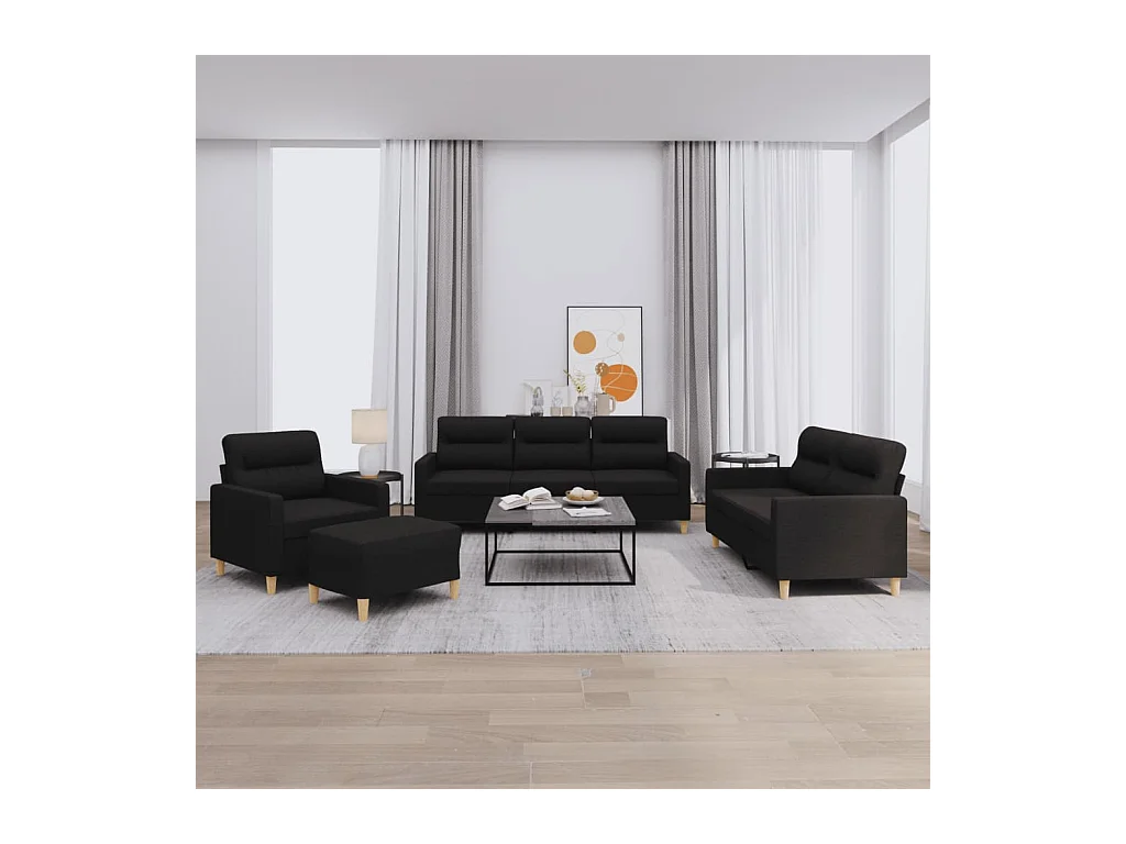 Set di divani 4 pezzi con cuscini in tessuto nero