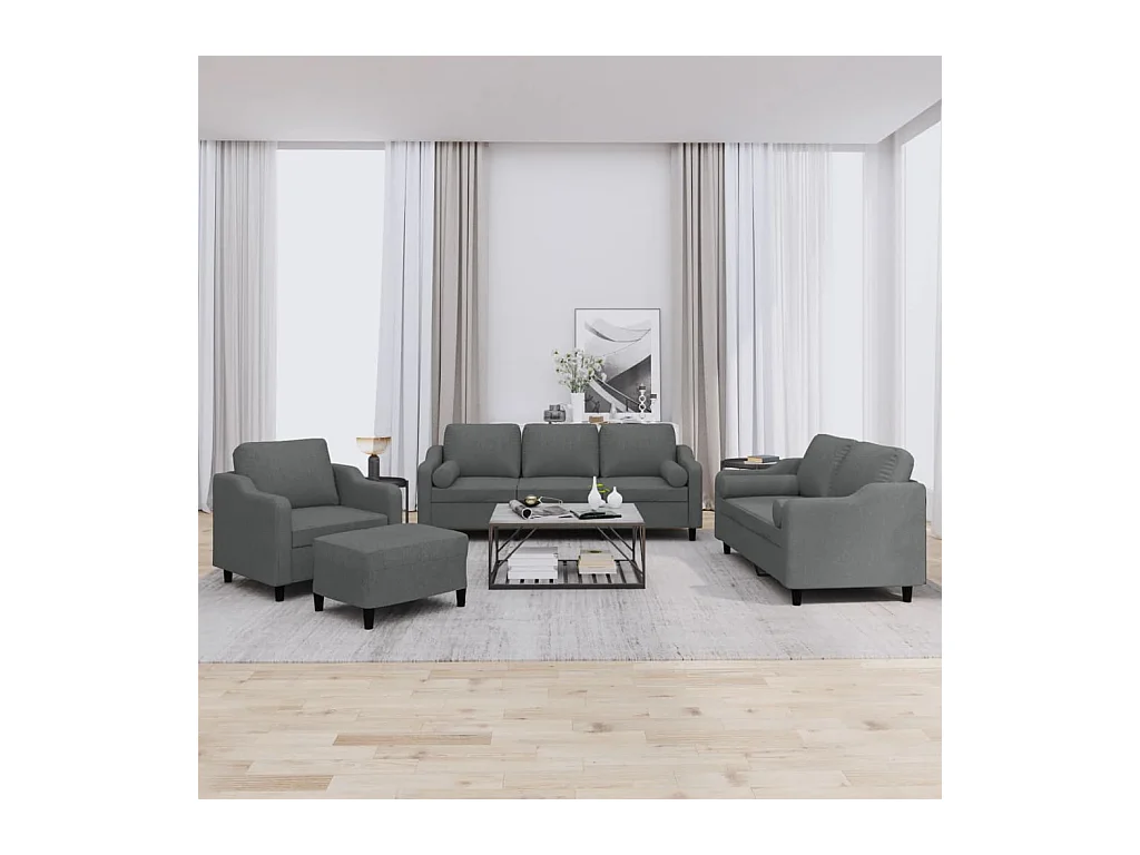 Set di divani da 4 pezzi con cuscini in tessuto grigio scuro
