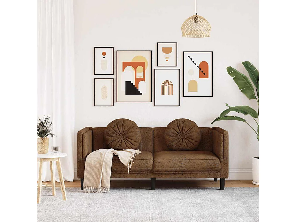 Sofá de 2 plazas con cojines de piel sintética de ante marrón