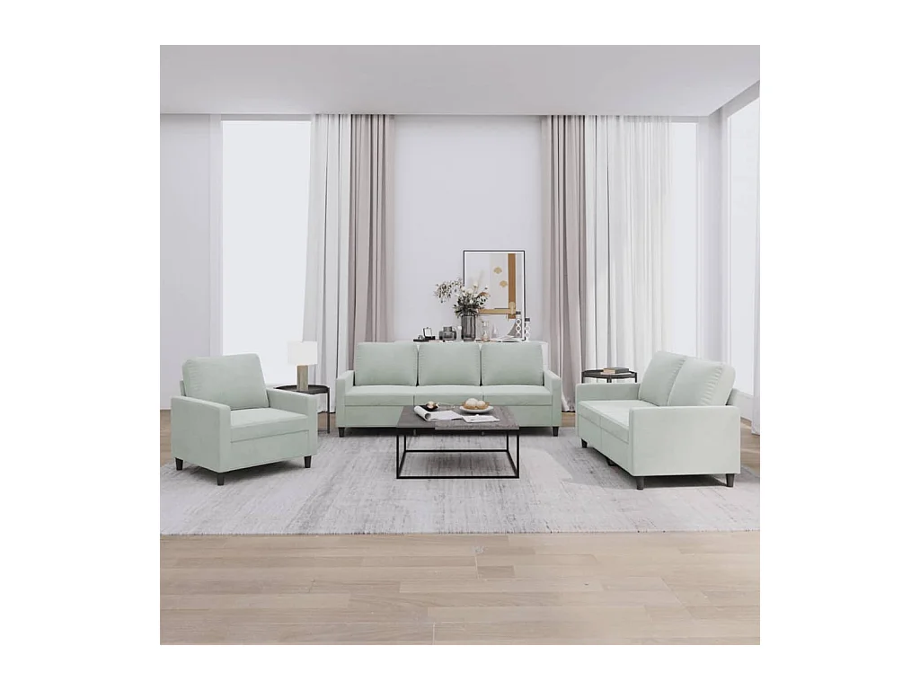 Set di divani 3 pezzi con cuscini in velluto grigio chiaro