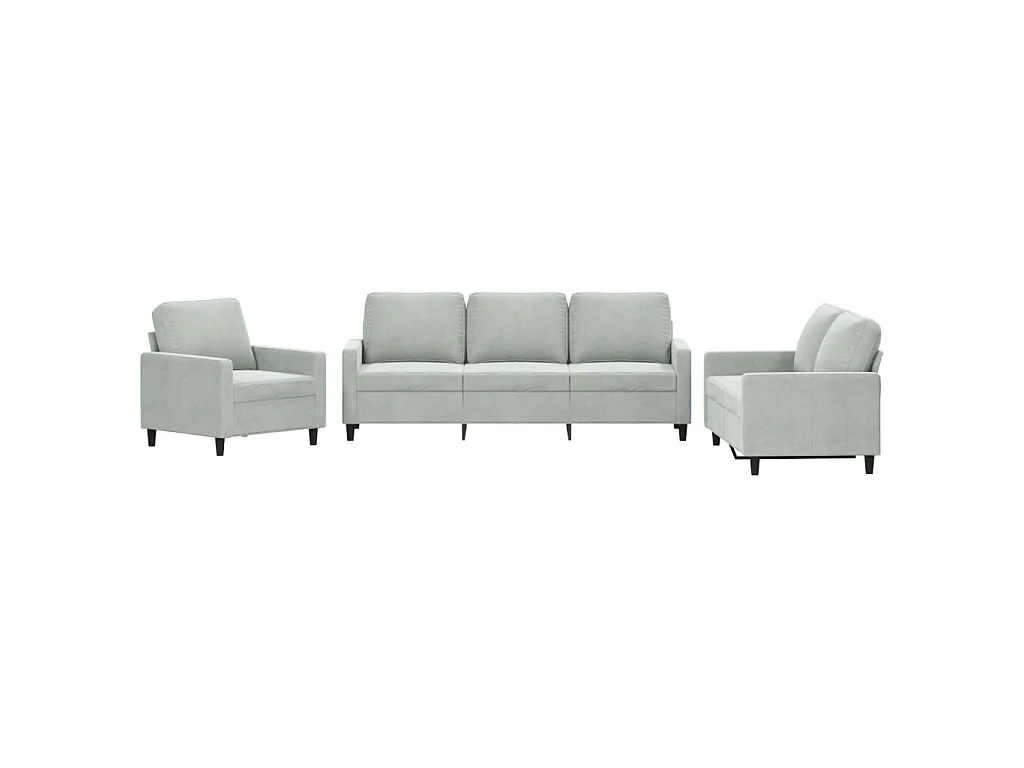 3-teiliges Sofaset mit Kissen, hellgrauer Samt