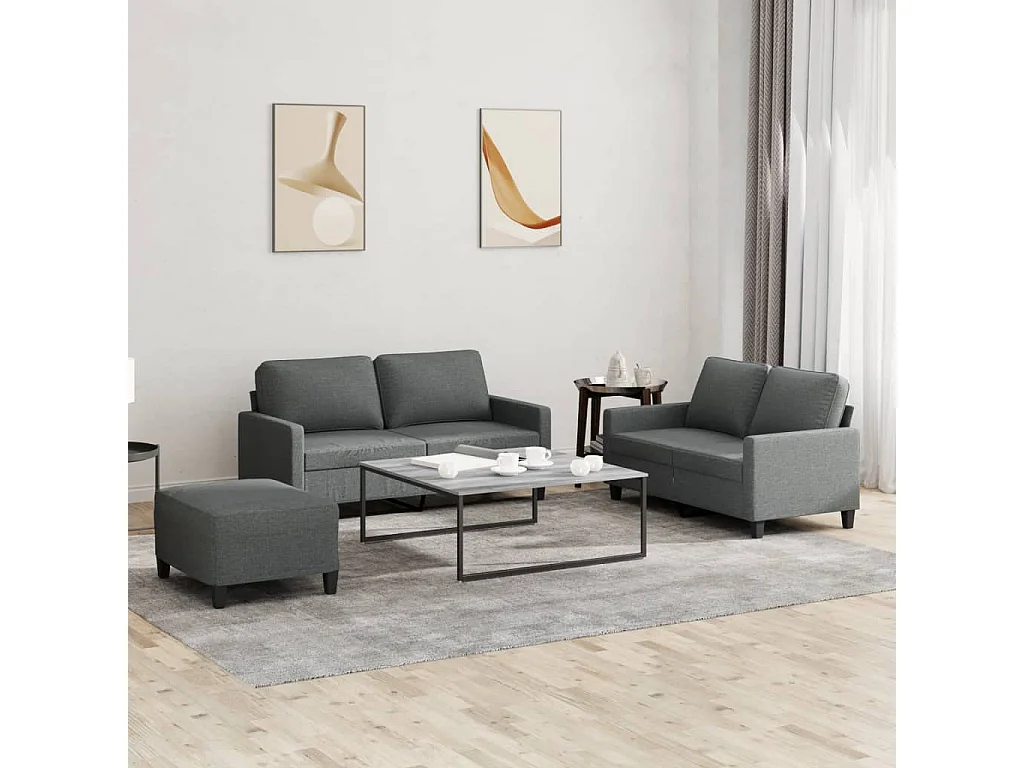 Set di divani 3 pezzi con cuscini in tessuto grigio scuro