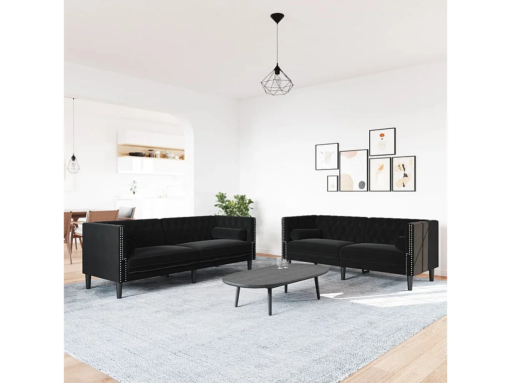 Conjunto de sofá Chesterfield y cojines de terciopelo negro (2 piezas)