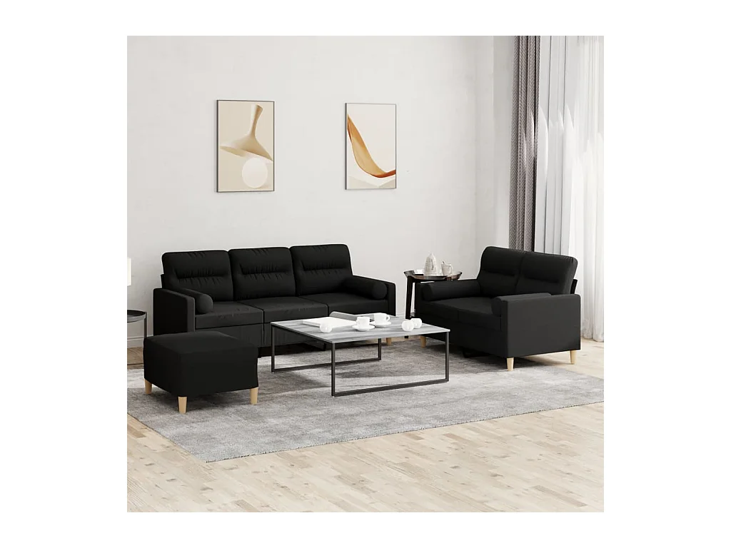 Conjunto de sofá de 3 piezas con cojines de tela negra