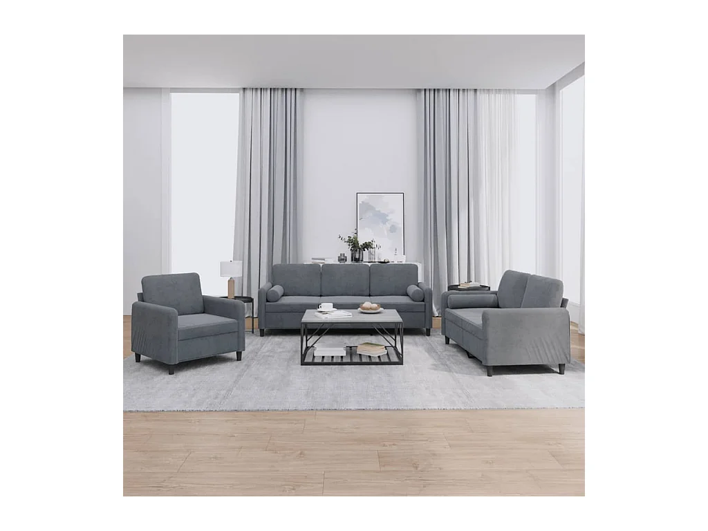 Set di divani a 3 pezzi con cuscini in velluto grigio scuro