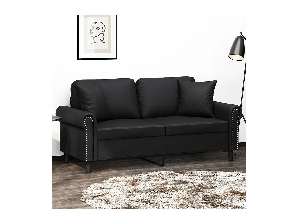 Sofá de 2 plazas con cojines decorativos negro 140cm piel sintética