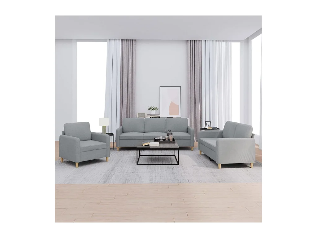Set di divani 3 pezzi con cuscini in tessuto grigio chiaro