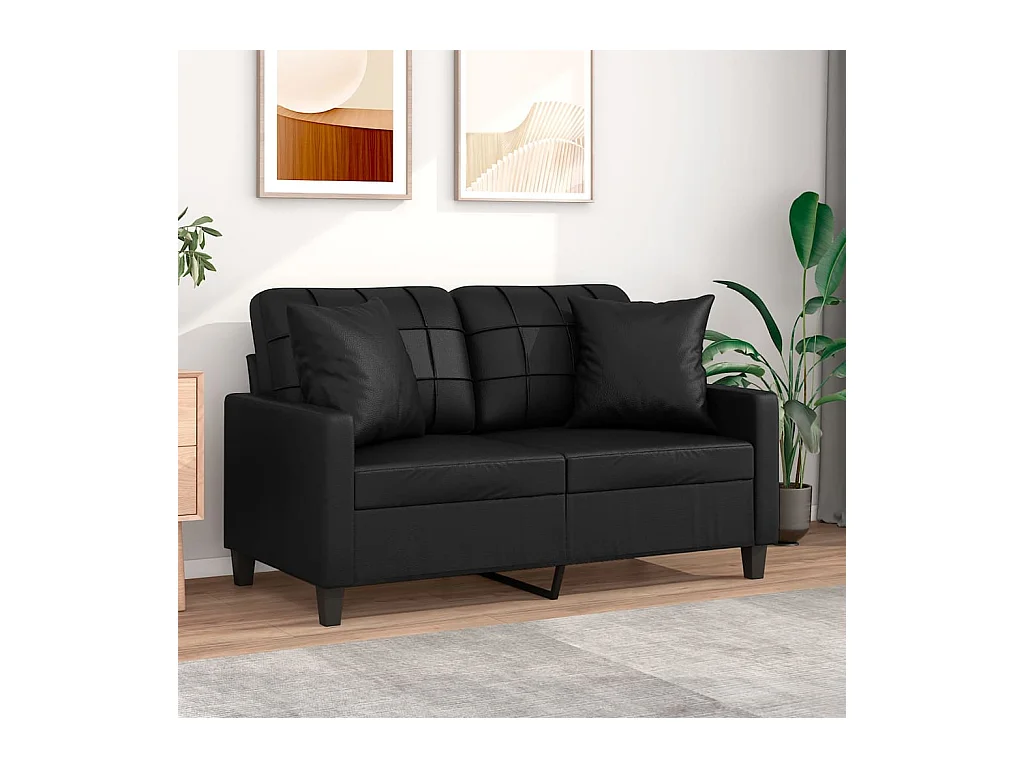 Divano 2 posti con cuscini decorativi in similpelle nera da 120 cm