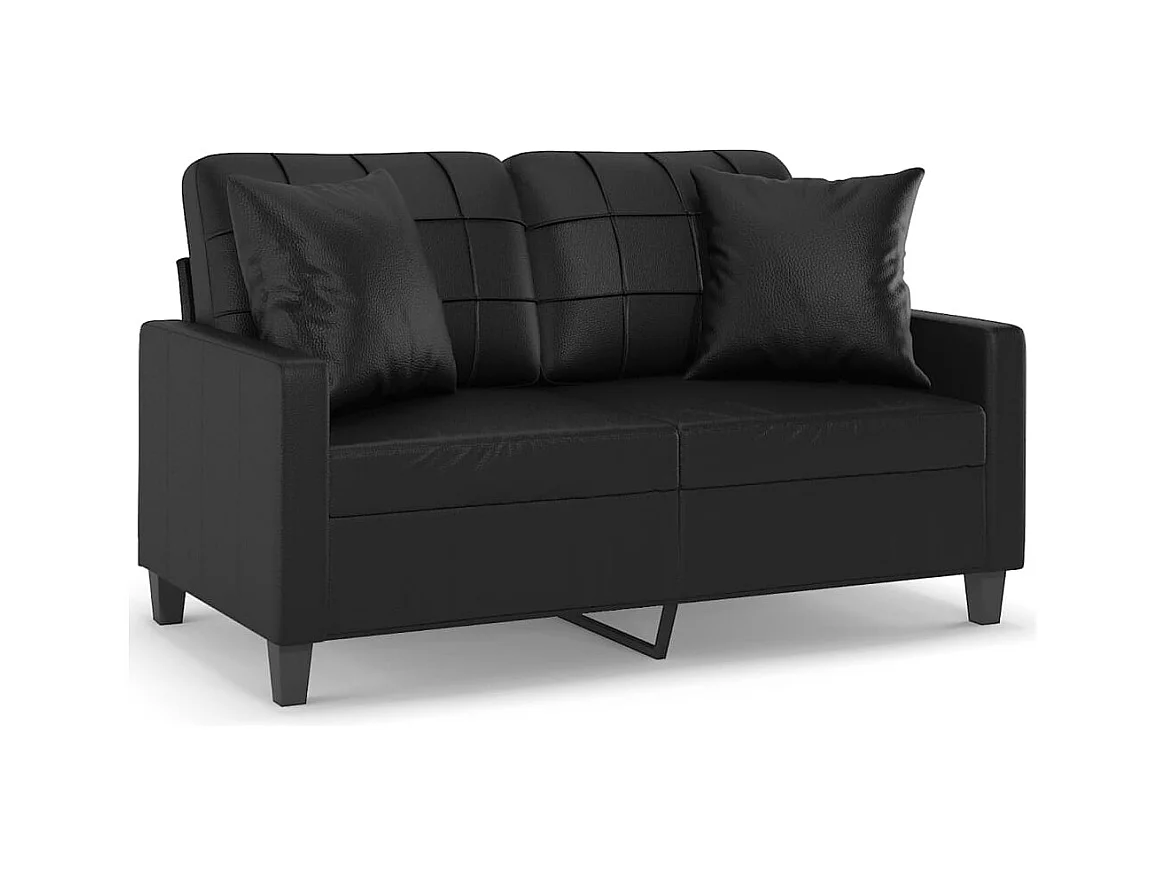 Divano 2 posti con cuscini decorativi in similpelle nera da 120 cm