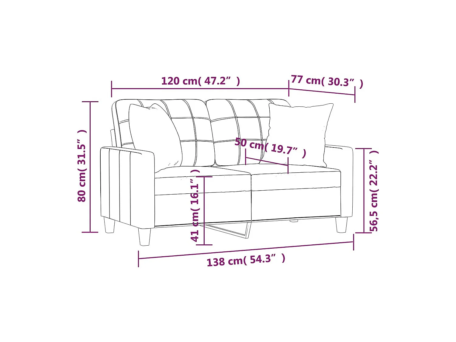 Divano 2 posti con cuscini decorativi in similpelle nera da 120 cm