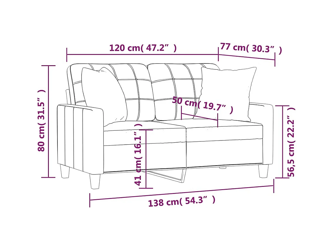 Divano 2 posti con cuscini decorativi in similpelle nera da 120 cm
