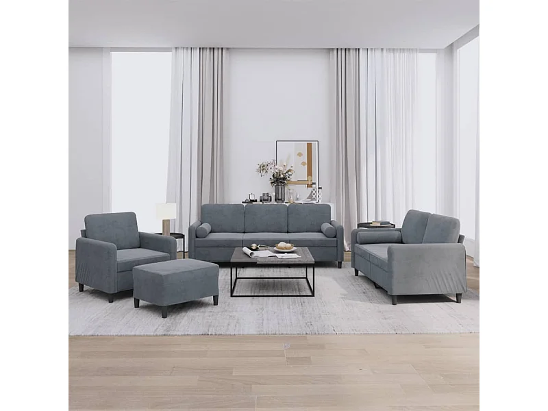 Set di divani da 4 pezzi con cuscini in velluto grigio scuro