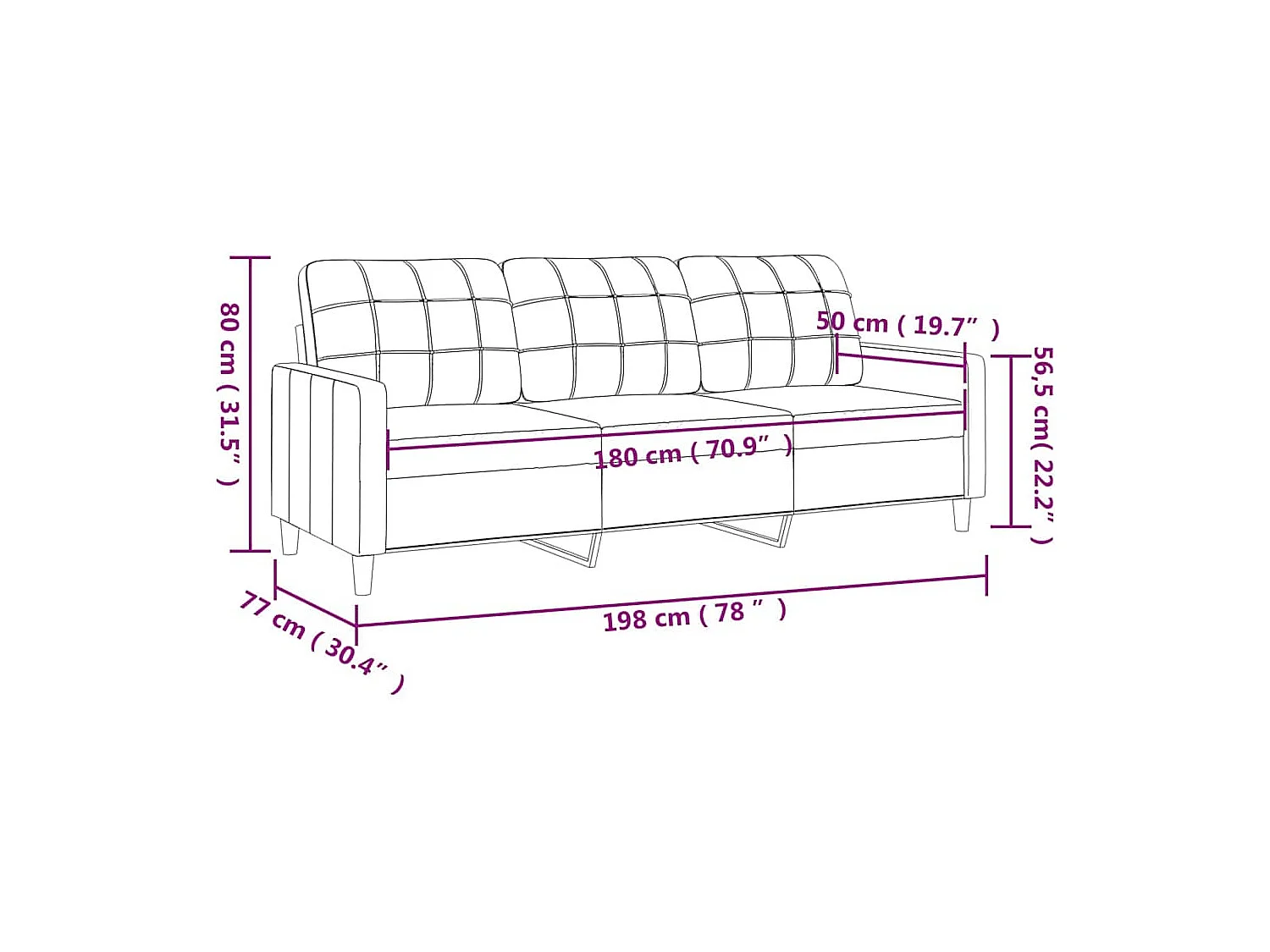 Sofá 3 plazas Taupe 180 cm Tela