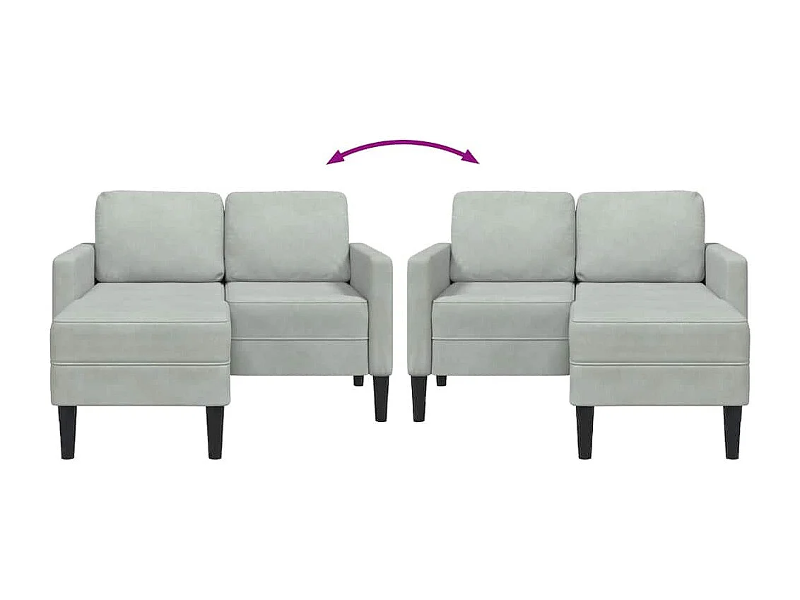 2-zitsbank met L-vormige chaise longue in lichtgrijs fluweel, 125 cm