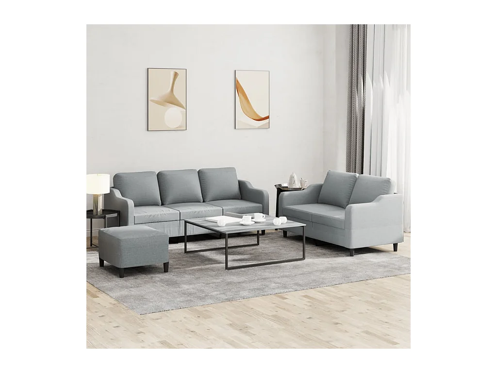 3-teiliges Sofaset mit Kissen, hellgrauer Stoff