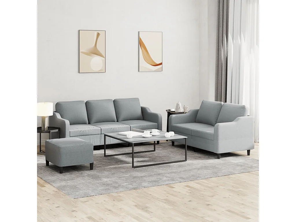 Set di divani 3 pezzi con cuscini in tessuto grigio chiaro