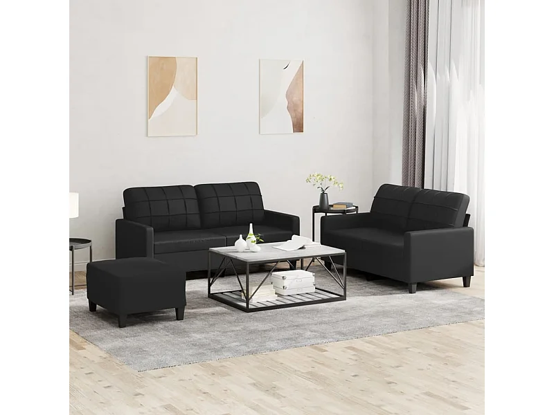 Set di divani 3 pezzi con cuscini in similpelle nera