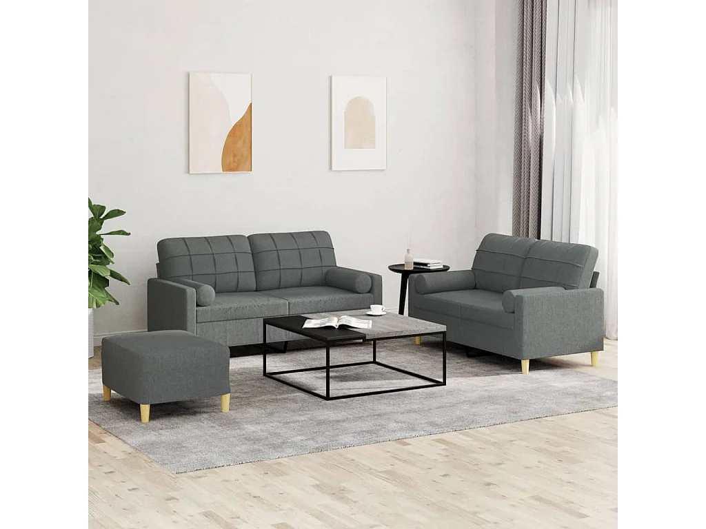 3-teiliges Sofaset mit dunkelgrauen Stoffkissen