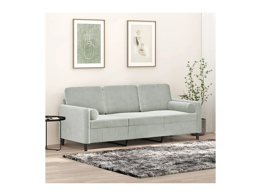 Canapé 3 places avec oreillers gris clair 180 cm velours