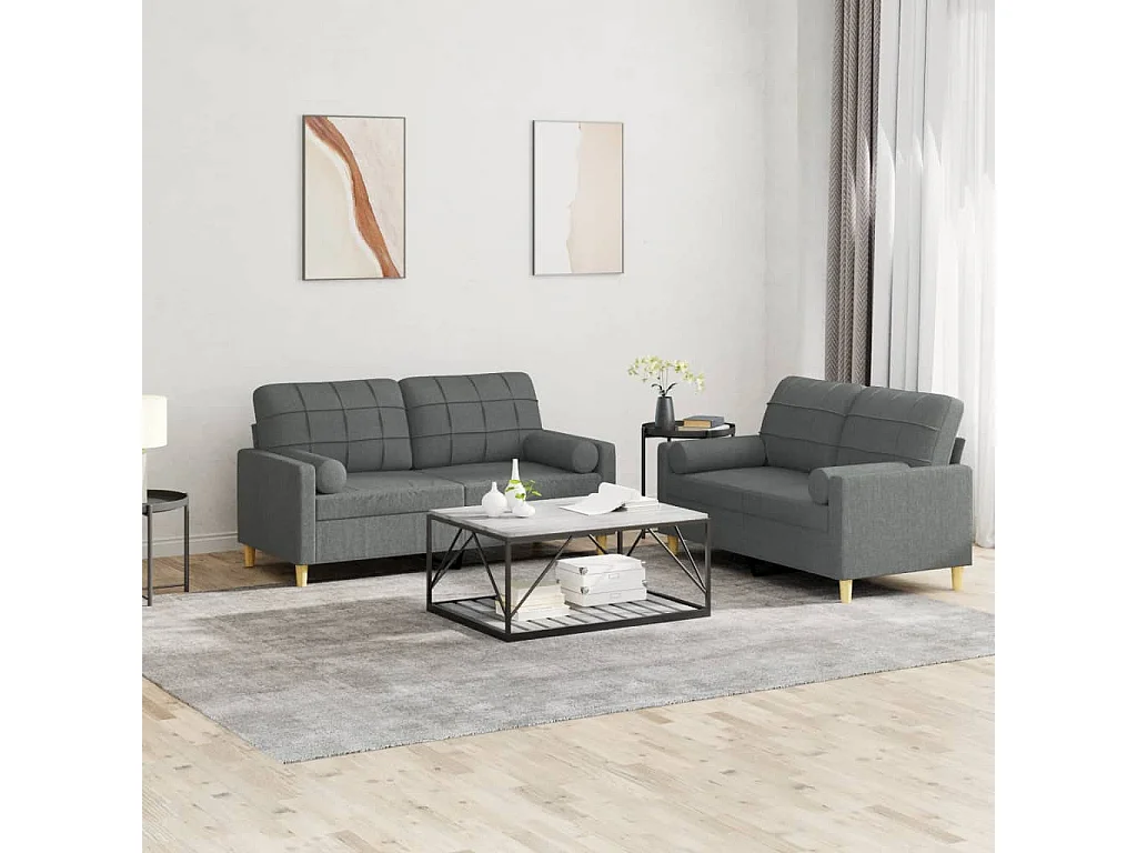 2-teiliges Sofaset mit dunkelgrauen Stoffkissen