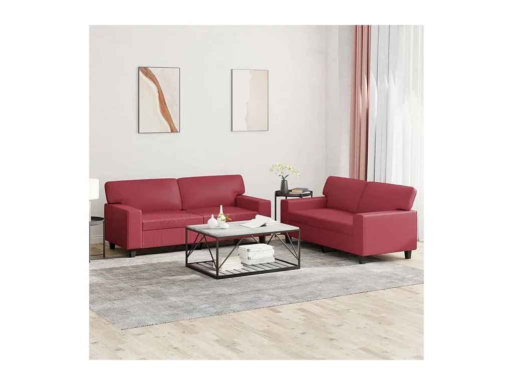 2-teiliges Sofa-Set in burgunderrotem Kunstleder
