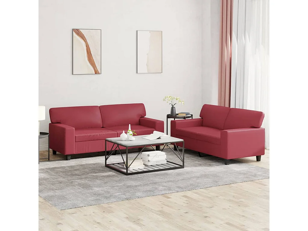 2-teiliges Sofa-Set in burgunderrotem Kunstleder