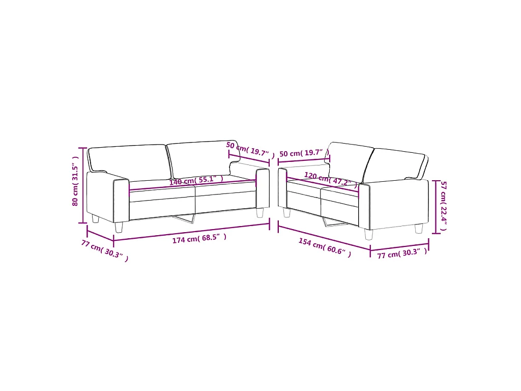 2-teiliges Sofa-Set in burgunderrotem Kunstleder