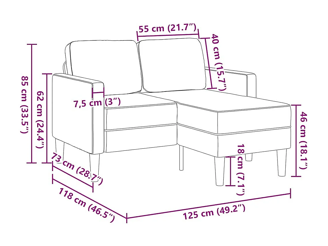 Canapé 2 places avec méridienne en L crème 125 cm tissu