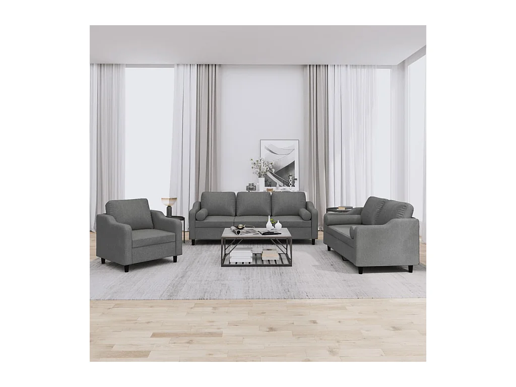 Set di divani da 3 pezzi con cuscini in tessuto grigio scuro