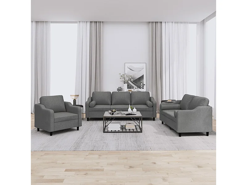 Conjunto de sofá de 3 piezas con cojines de tela gris oscuro