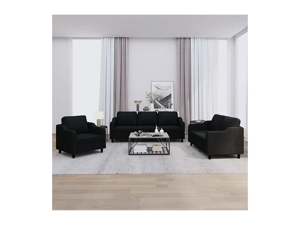 Conjunto de sofá de 3 piezas con cojines Tela Negra