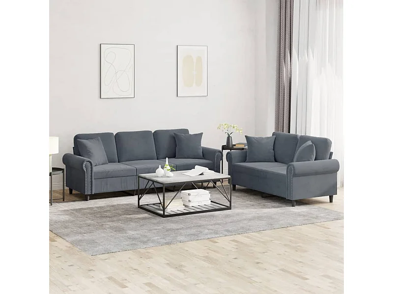 Conjunto de sofá de 2 piezas con cojines de terciopelo gris oscuro