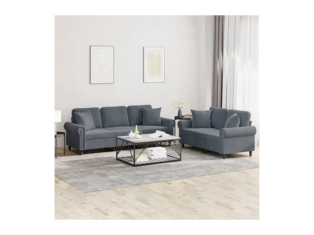 2-teiliges Sofaset mit dunkelgrauen Samtkissen