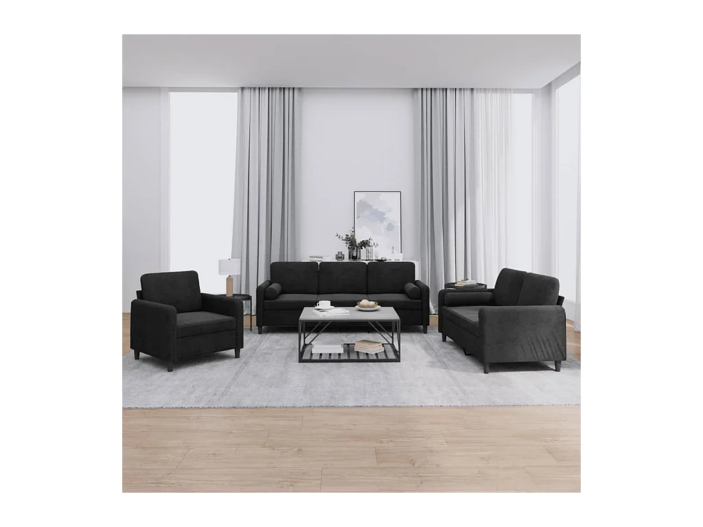 Conjunto de sofá de 3 piezas con cojines de terciopelo negro