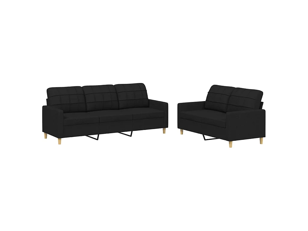 2-teiliges Sofaset mit Kissen, schwarzer Stoff