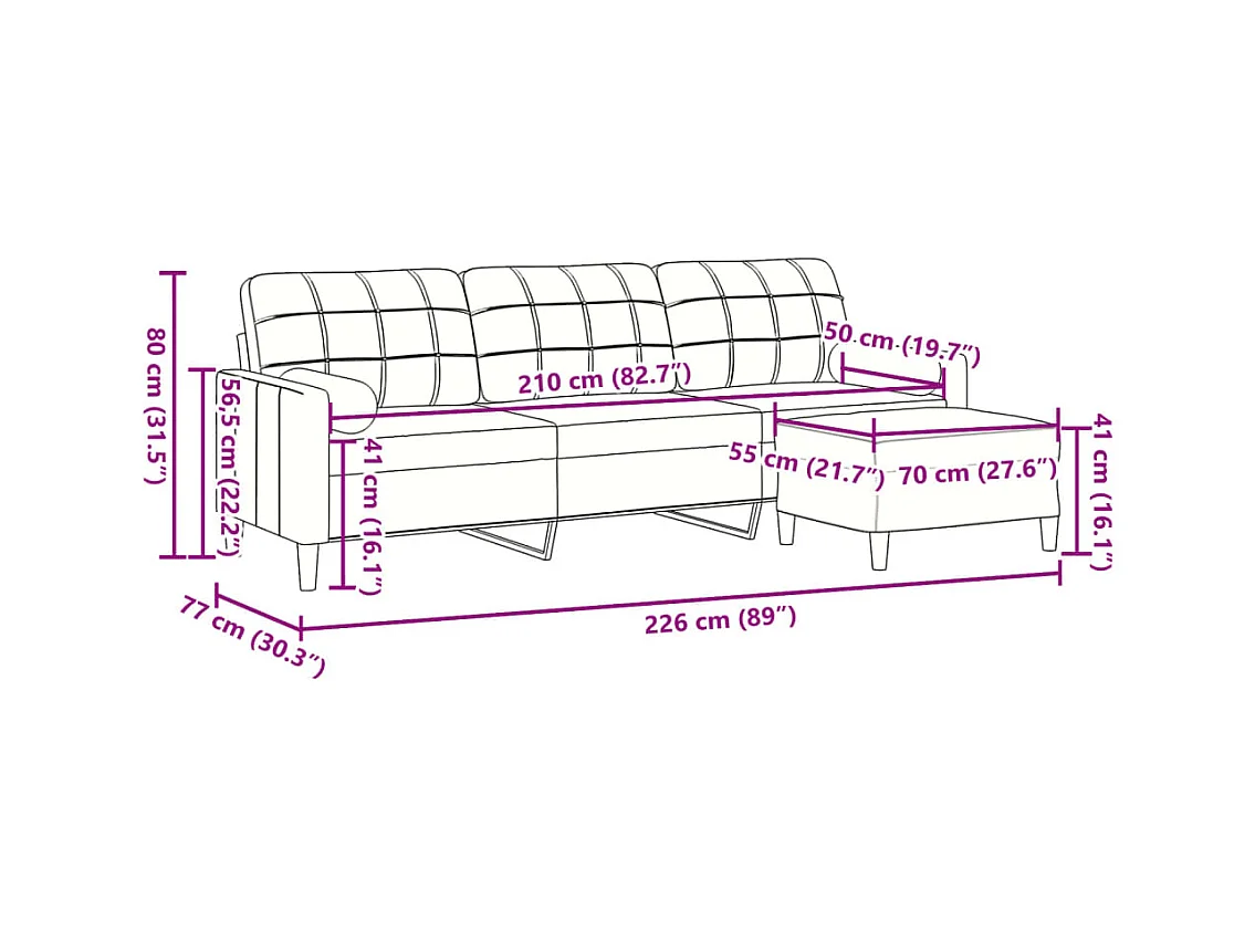 Divano 3 posti con poggiapiedi Marrone 210 cm Velluto