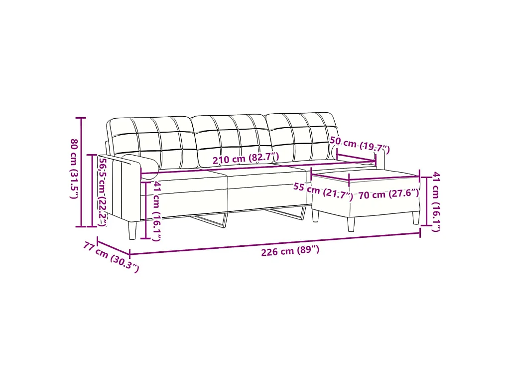 3-zitsbank met voetenbank Bruin 210 cm Fluweel