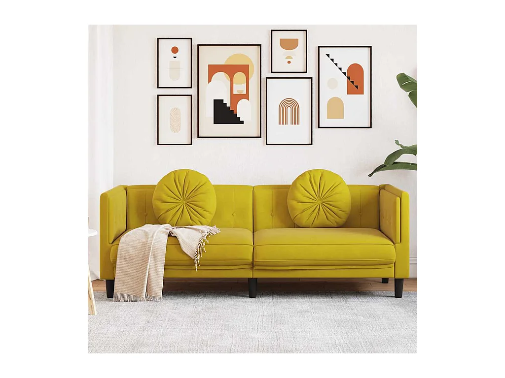 3-zits gele fluwelen bank met kussens