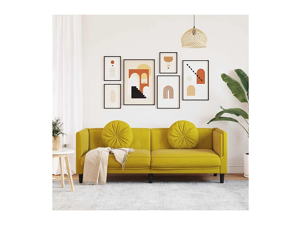 3-zits gele fluwelen bank met kussens