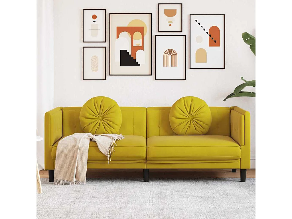 Sofá de 3 plazas de terciopelo amarillo con cojines