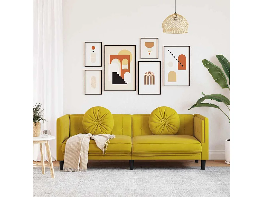 Sofá de 3 plazas de terciopelo amarillo con cojines